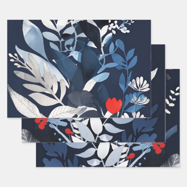 Deep Blue und Red Botanical Geschenkpapier Set (Set)