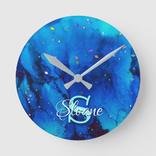 Deep Blue Underwater Alcohol Ink Painting Runde Wanduhr (Vorderseite)