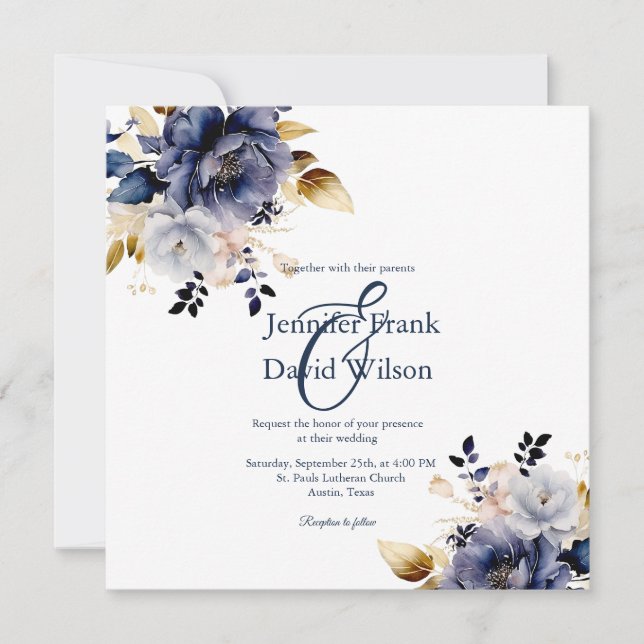 Deep Blue Watercolor Florals Hochzeit Einladung (Vorderseite)
