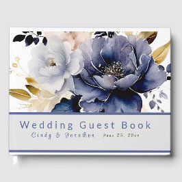 Deep Blue Watercolor Florals Wedding Guest Book Gästebuch