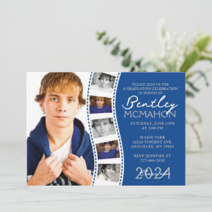 Deep Blue & White Filmstrip 6 Foto Abschluss Einladung