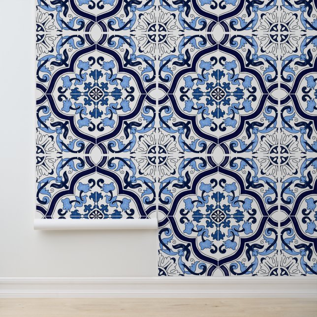 Deep Blue White Floral Sicilian Majolica Tile Tapete (Anwendung)
