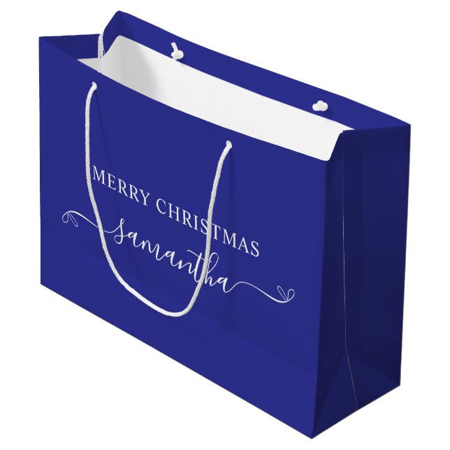 Deep Blue White Frohe Weihnachtsbow Signature Name Große Geschenktüte (Vorderseite Schrägansicht)