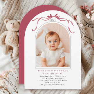 Deep Blush Pink Bow Girl 1st Birthday Arch Photo Einladung