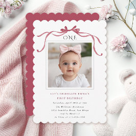Deep Blush Pink Bow Girl 1st Birthday Party Einladung