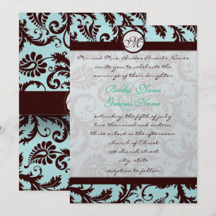 Deep Brown Damask Aqua Blue Wedding Einladung