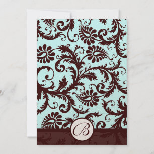 Deep Brown Damask Aqua Blue Wedding Einladung