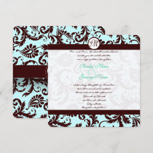 Deep Brown Damask Aqua Blue Wedding Einladung