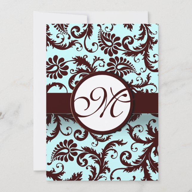 Deep Brown Damask Aqua - Größere Monogramm auf der Einladung (Vorderseite)