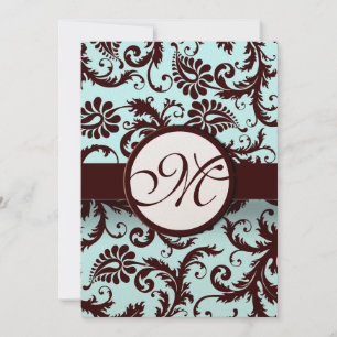 Deep Brown Damask Aqua - Größere Monogramm auf der Einladung