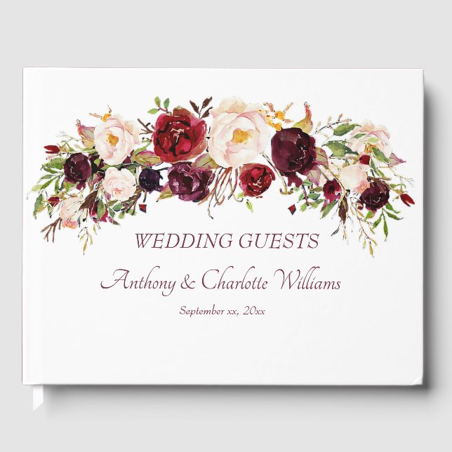 Deep Burgund, Floral, Hochzeit Gästebuch (Vorderseite)