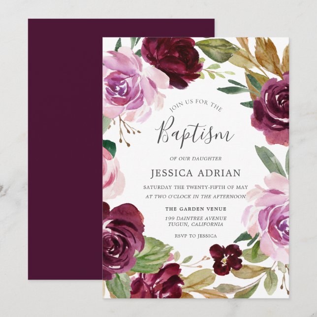 Deep Burgundy Berry & Lilac Wasserfarbe Taufe Einladung (Vorne/Hinten)