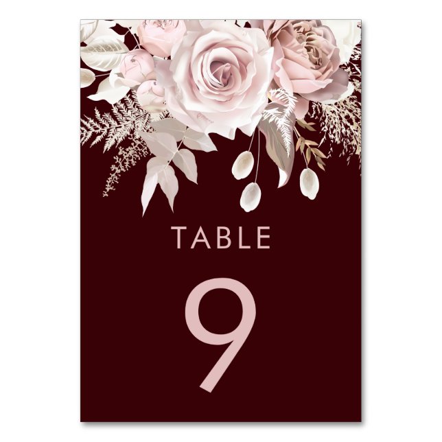 Deep Burgundy & Blush Floral Wedding Reception Tischnummer (Vorderseite)