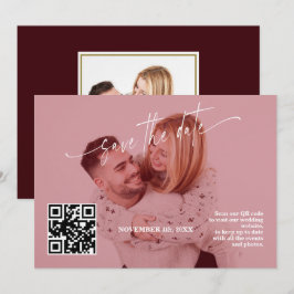 Deep Burgundy Calligraphy QR Code Photo Wedding   Save The Date
