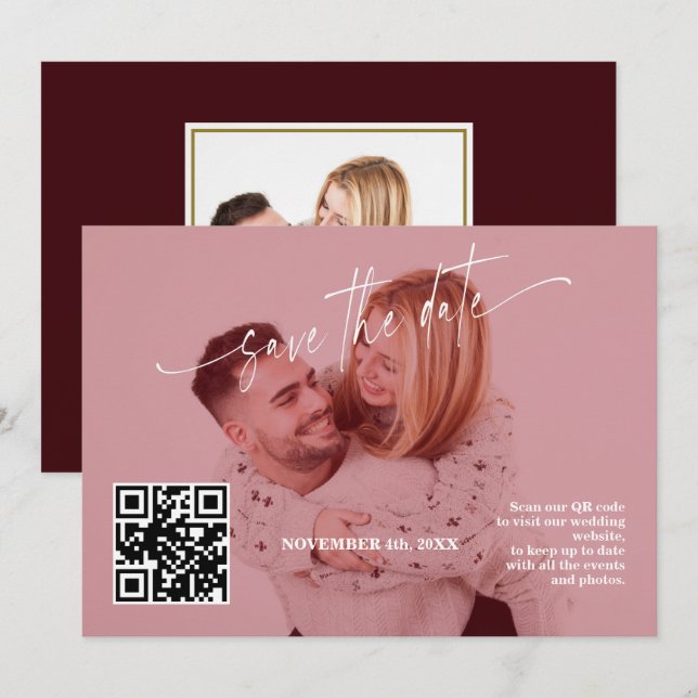 Deep Burgundy Calligraphy QR Code Photo Wedding   Save The Date (Vorne/Hinten)
