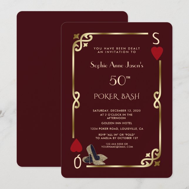 Deep Burgundy Casino Night Gatsby 50th Birthday Einladung (Vorne/Hinten)
