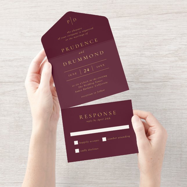 Deep Burgundy Elegant Classic Wedding All-in-One-Einladung (Abreißstreifen)