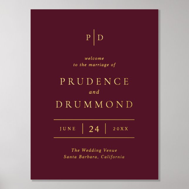 Deep Burgundy Elegant Classic Wedding Foil Sign Foliendrucke (Vorderseite)