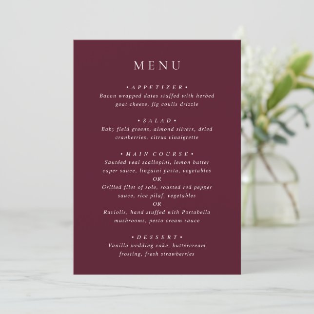 Deep Burgundy Elegant Classic Wedding Menükarte (Stehend Vorderseite)