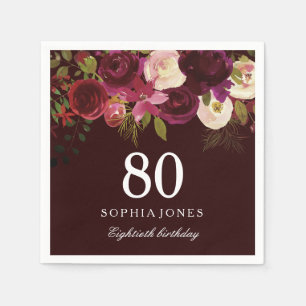 Deep Burgundy Floral Boho 80. Geburtstagsparty Serviette