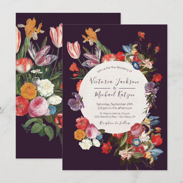 Deep Burgundy Floral Dark & Moody Wedding Einladung (Vorne/Hinten)