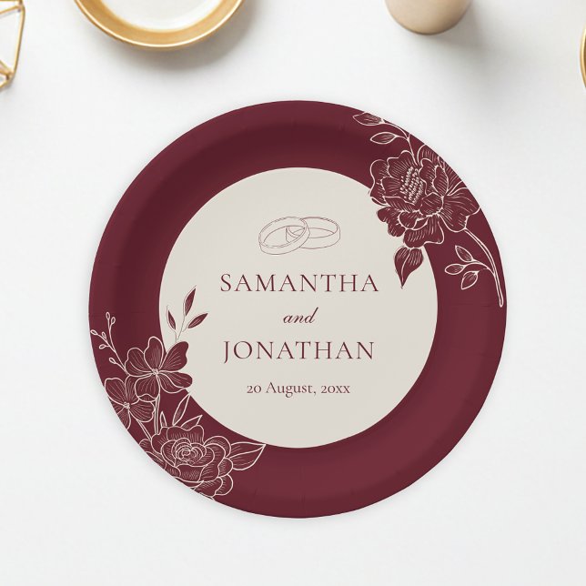 Deep Burgundy Floral Ivory Circle Wedding Pappteller (Deep Burgundy Floral Line Art with Ivory Wedding Paper Plate)