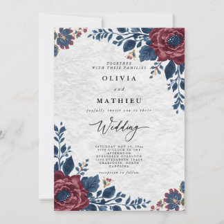 Deep Burgundy Floral Romance Wedding Einladung