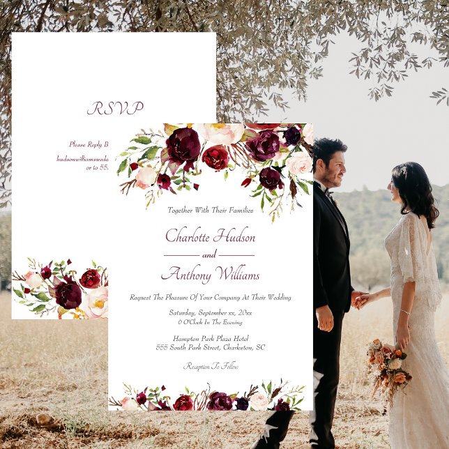Deep Burgundy Floral Wedding mit UAWG Einladung (Deep Burgundy Floral Wedding Invitation)