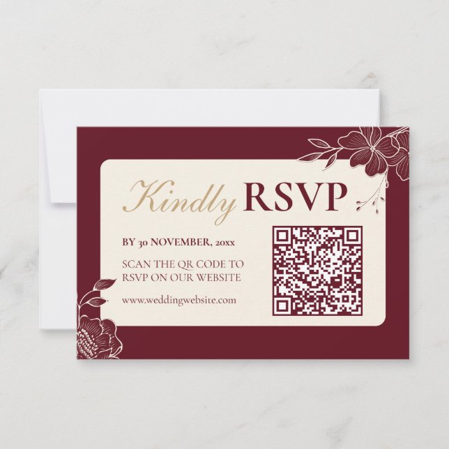 Deep Burgundy Floral Wedding RSVP with QR Code (Vorderseite)