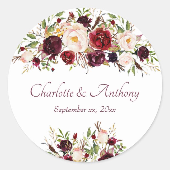 Deep Burgundy Floral Wedding Runder Aufkleber (Vorderseite)