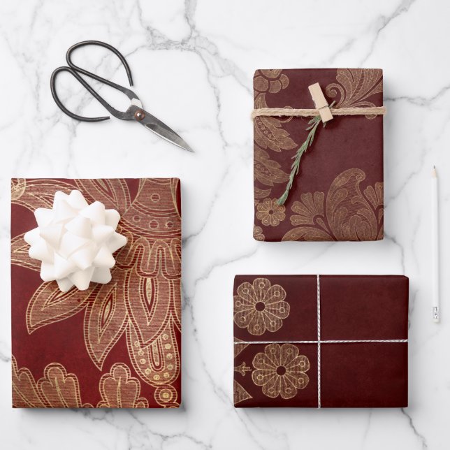 Deep Burgundy Red and Gold Damask Geschenkpapier Set (Vorderseite)