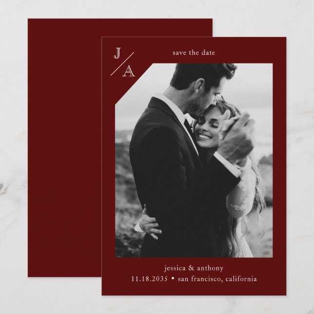 Deep Burgundy Red Minimalistisch Modern Monogram F Save The Date (Vorne/Hinten)
