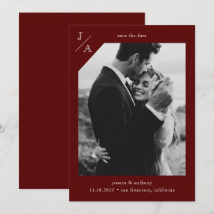 Deep Burgundy Red Minimalistisch Modern Monogram F Save The Date