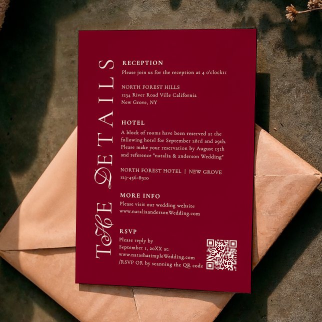 Deep Burgundy Script Qr Code Wedding Details Begleitkarte (Von Creator hochgeladen)