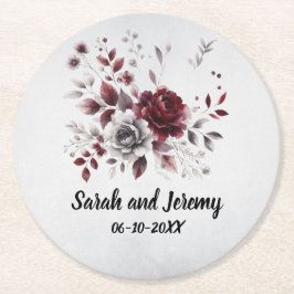 Deep Burgundy Silver Grau Aquarellfarben Blüte Cus Runder Pappuntersetzer