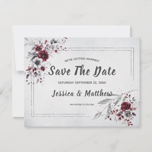 Deep Burgundy Silver Grau Aquarellfarben Blüte Cus Save The Date (Vorderseite)