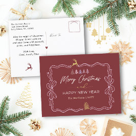 Deep Crimson: Bow & Trees Doodles Holiday Postcard Feiertagspostkarte
