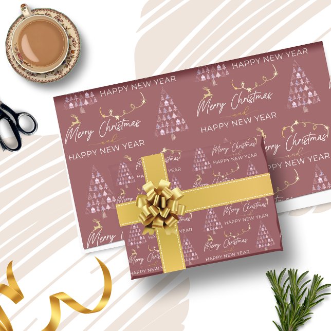 Deep Crimson Doodle Weihnachtsbaum Rentierstars Geschenkpapier (Deep Crimson Doodle Christmas Tree Reindeer Stars Wrapping Paper)