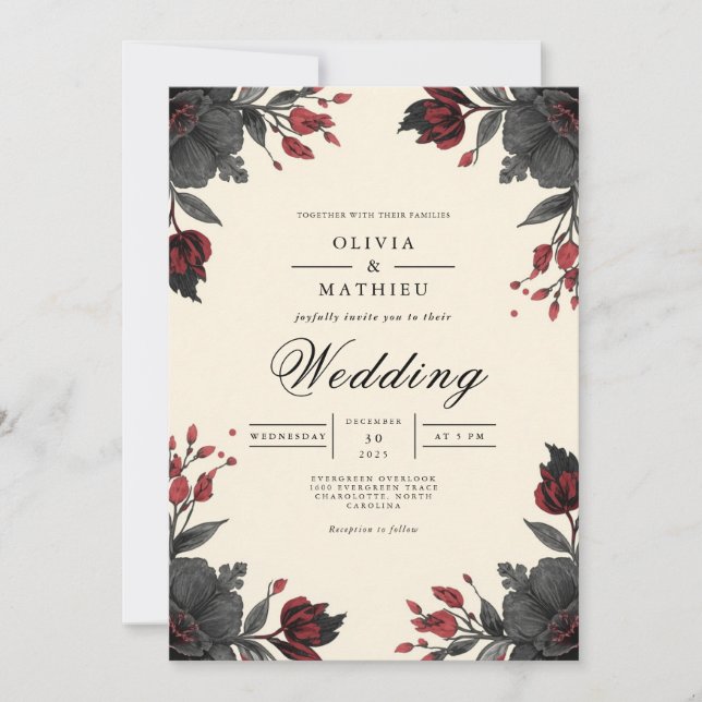 Deep Crimson Floral Corner Wedding Einladung (Vorderseite)