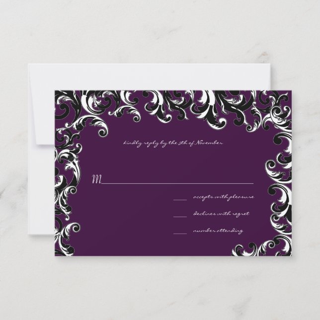 Deep EggPlant Square Swirl Wedding RSVP (Vorderseite)