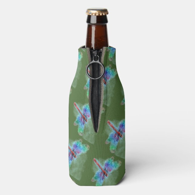 Deep Green mit Abstrakter mehrfarbiger Libelle Flaschenkühler (Flasche Rückseite)