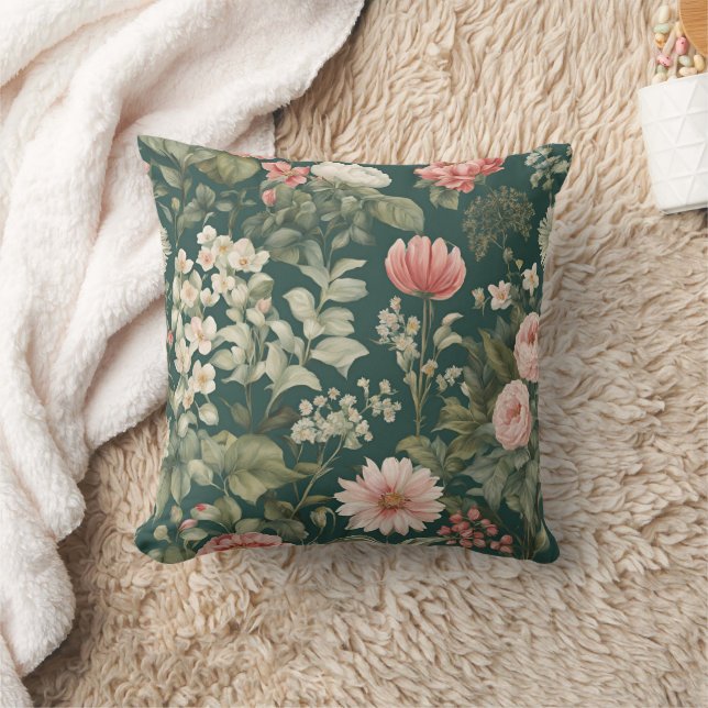 Deep Green mit pastellfarbenen Woodsy-Blume Kissen (Decke)