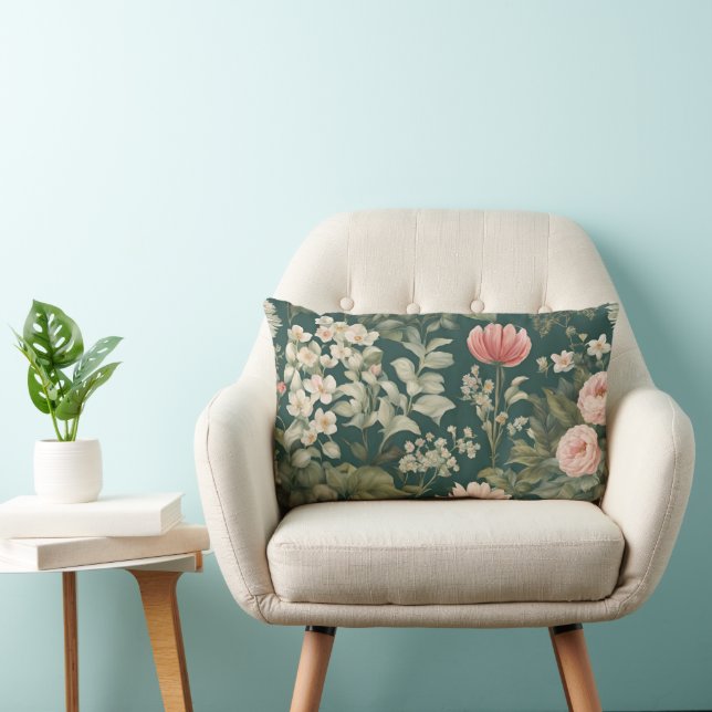 Deep Green mit pastellfarbenen Woodsy-Blume Lendenkissen (Stuhl )