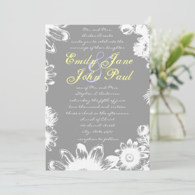 Deep Grey Yellow Lilac Blume Einladung zur Hochzei (Stehend Vorderseite)