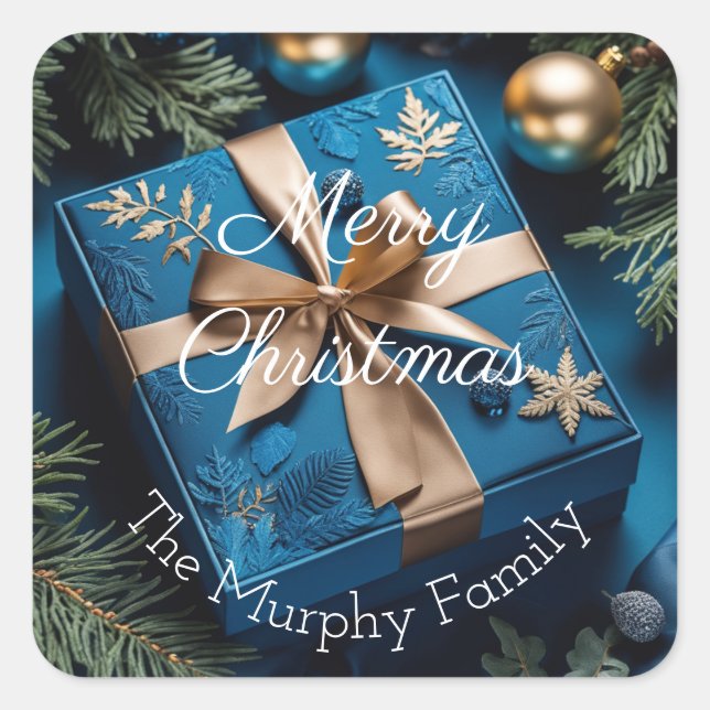 Deep Ice Blue und Gold Weihnachtsgeschenke Quadratischer Aufkleber (Vorderseite)