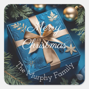 Deep Ice Blue und Gold Weihnachtsgeschenke Quadratischer Aufkleber
