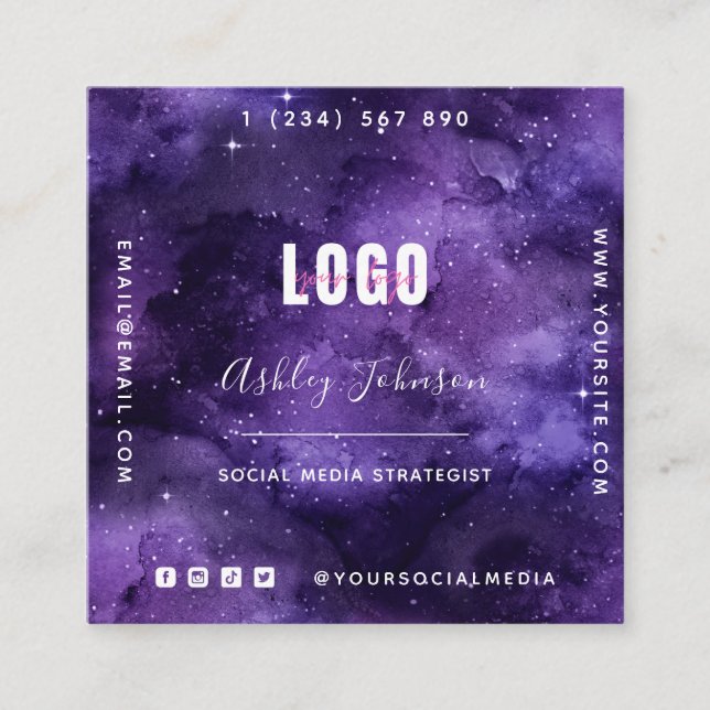 Deep Lila Galaxy Space Universe QR Code & Logo S Quadratische Visitenkarte (Vorderseite)