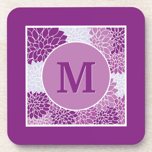 Deep Lila Mit Monogramm Dahlia Floral Getränkeuntersetzer (Vorderseite)