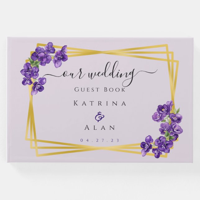 Deep Lila Violets Lavender Wedding Guest Book Gästebuch (Vorderseite)