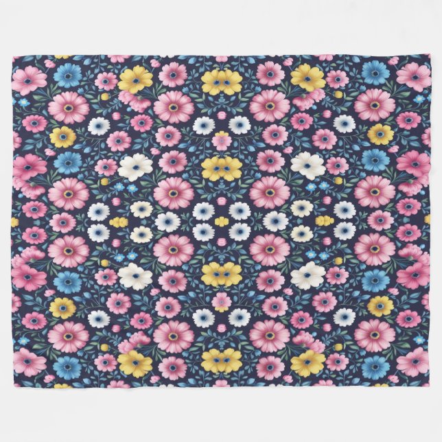Deep Mitternacht Blumengarten Muster Sherpa Blanke Fleecedecke (Vorderseite (Horizontal))